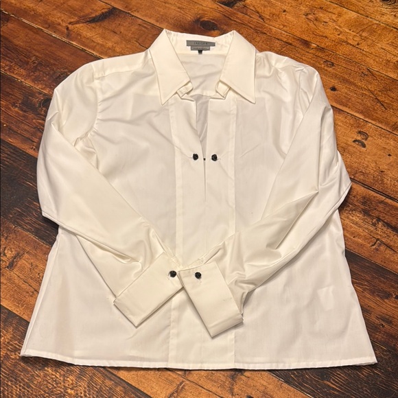 Vintage Jaeger Elegant Crisp White Collared Shirt w/ leather accents - Picture 1 of 9